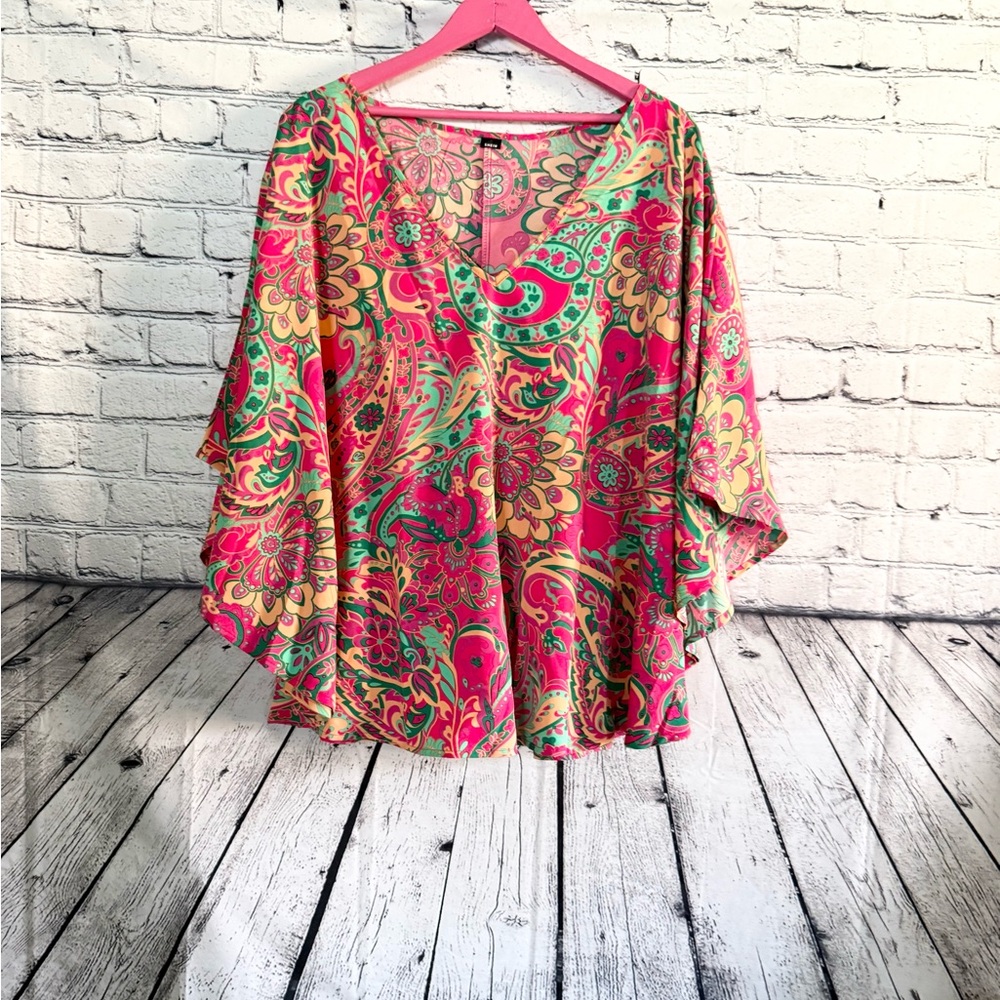 SHEIN. Pink and Green Paisley Blouse